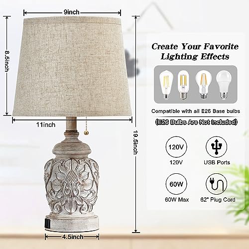 19.5" Vintage Rustic Farmhouse Table Lamps Set of 2 with Pull Chain & USB Ports, White Finish