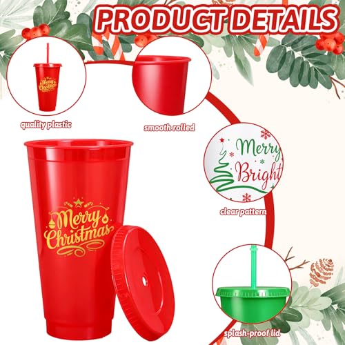 Whaline Christmas 12-Pack Reusable Plastic Tumblers with Lids & Straws - 24oz Holiday Party Cups in Red, Green, White Snow Design