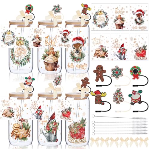 Vesici 6-Set Vintage Can Shaped 16 oz Christmas Glasses with Lids, Straws, Bow & Cards – Retro Gift Pack
