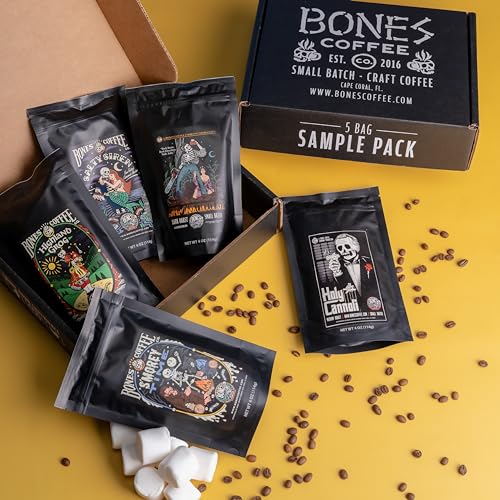 Flavored Coffee Sample Pack with 5 Ground Coffees - Army of the Dark Chocolate, Holy Cannoli, Smorey Time, Highland Grog, Salty Sire - Medium Roast, Low Acid Arabica Beans, 4 oz Each