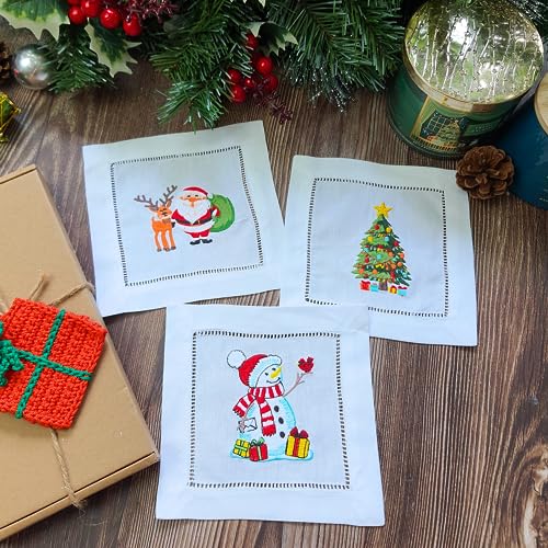 HCRAFT 6x6 in Christmas Cocktail Napkins - Embroidered Cotton Set of 6, Xmas Decorative