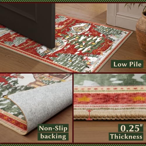 Olacotta Red 3x5 Christmas Indoor Rug with Vintage Village Design, Washable Entryway Mat