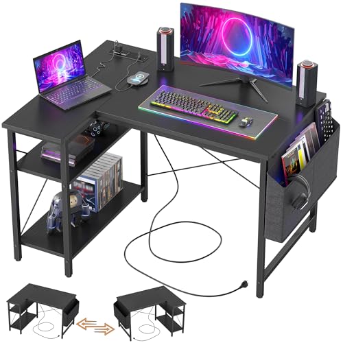 TIQLAB 40 Inch L Shaped Gaming Desk with Power Outlets - Reversible Corner Workstation, Black