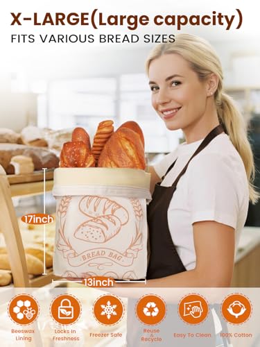 Honiitaa Off-White XL Beeswax Bread Bags with Zipper & Liners - Sourdough Storage