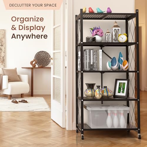 Black 5-Tier Foldable Storage Shelf with Wheels - Collapsible Metal Rack for Kitchen, Pantry & Closet