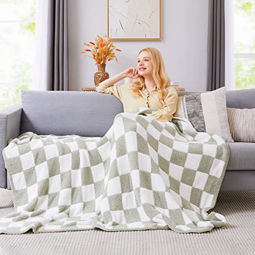 WRENSONGE Aloe Sage XL Checkered Throw Blanket for Couch 50x70