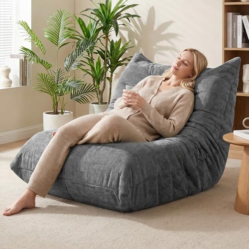 Grey Faux Fur Bean Bag Sofa Chair with Memory Foam - Floor Lounger for Living Room & Bedroom