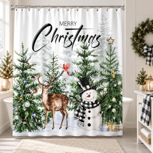 GOAOK Farmhouse Christmas Forest Shower Curtain Set, 72x72 Inches, Green Woodland Snowman Deer Snowflake Holiday Bathroom Decor with Hooks