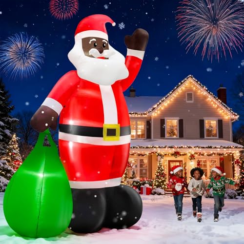 TURNMEON 14 Ft Black Santa Inflatable with Gift Bag, Built-in LEDs - African American Xmas Yard Decoration