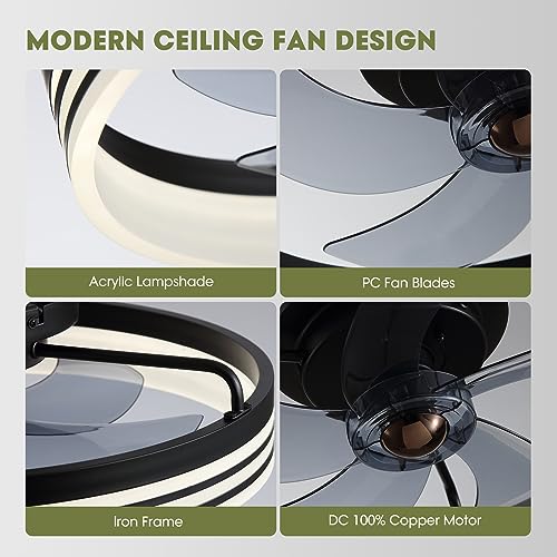 LUDOMIDE 20-inch Black Ceiling Fan with Light, 6-Speed Reversible Low Profile Fan for Bedroom & Living Room - Variation Black-1105