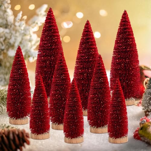 BIJXOYA 9 Pcs Mini Christmas Tree Set - 6/8/10 in with Red Glitter, Wooden Bases