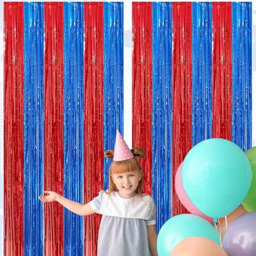 4 Pack Red and Blue Foil Fringe Curtains Photo Booth Prop Tinsel Streamer Backdrops, Birthday Party Decorations Graduation Bachelorette Bridal Wedding Baby Shower Party Supplies, 3.3x6.6 ft
