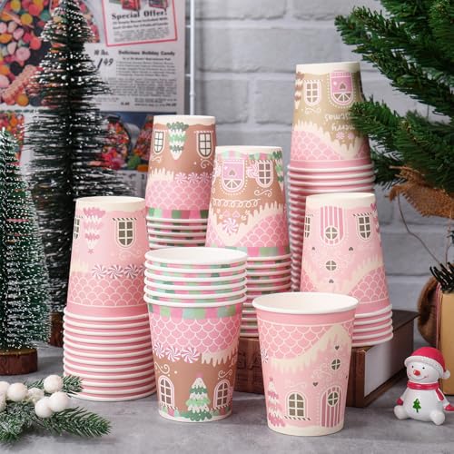 Whaline 100Pcs 9oz Christmas Gingerbread Paper Cups, Disposable Holiday Party Drinkware