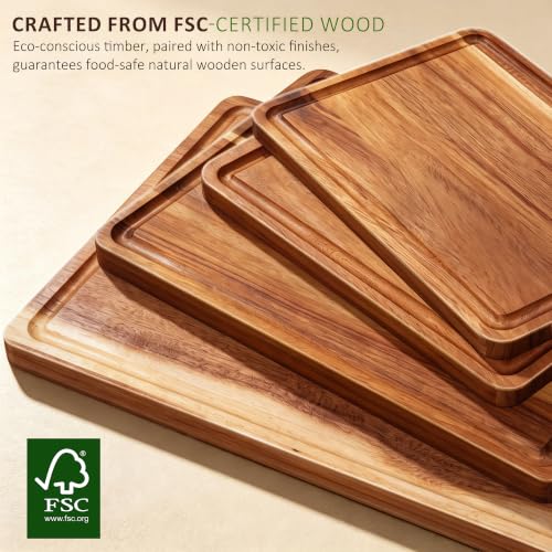 Acacia Wood Chopping Board Set of 4 - Large 16x12 Inch - Reversible & Juice Groove