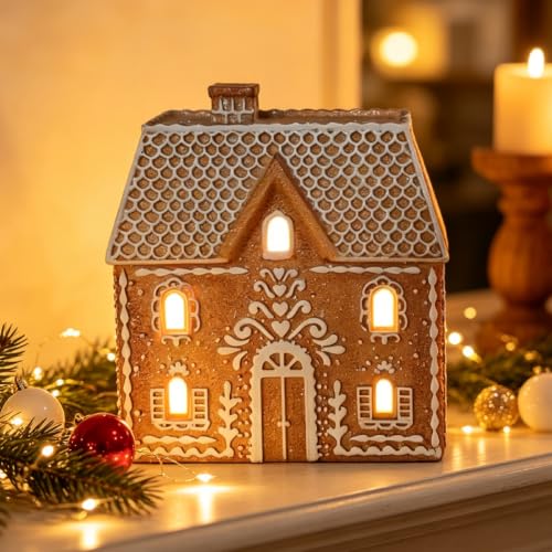 Cynkeyee Gingerbread House 6.5-inch Resin Figurine with Single Chimney - Lighted Xmas Village Cottage
