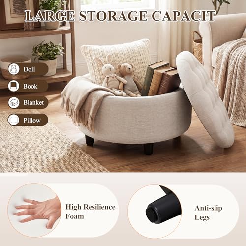 COLAMY Classic Beige Fabric Round Storage Ottoman with Reversible Tray Lid – Multi-Functional Footrest & Small Coffee Table