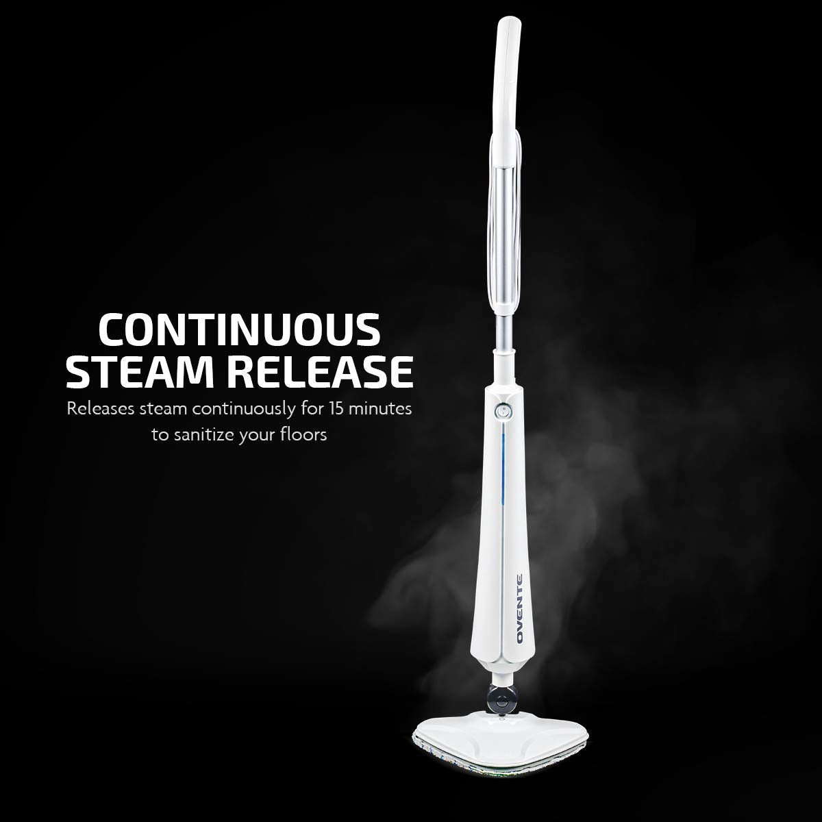 OVENTE Electric Steam Mop Cleaner, 1300W Floor Steamer with Swivel Head, Refillable Water Tank and Washable Microfiber Pad for Cleaning Carpet, Hardwood, Laminate Floor, Tiles and Grout, White ST405W
