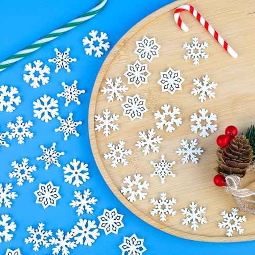 100pcs Mini Snowflake Ornaments, 0.9in Tiny Wooden Snowflakes Christmas Snowflake Decorations Snow Shaped Decors for DIY Craft Xmas Tree Winter Party Home Decoration (White)