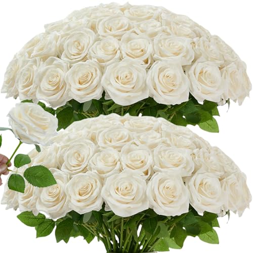Ivory Artificial Roses Bulk Pack - 120 Long Stem Fake Flowers for Wedding & Decor