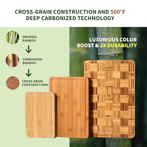 BAMBANG End Grain Bamboo Cutting Boards Set of 3 with Juice Groove & Stand