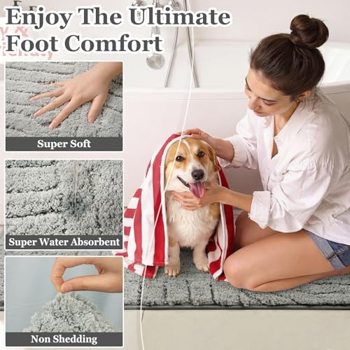 Bathroom Rugs Set 5 Pieces - Microfiber Non-Slip Shower Mat & Contour Toilet Rug, Grey, 18x26/20x32/20x48/U20x24/Cover19x21