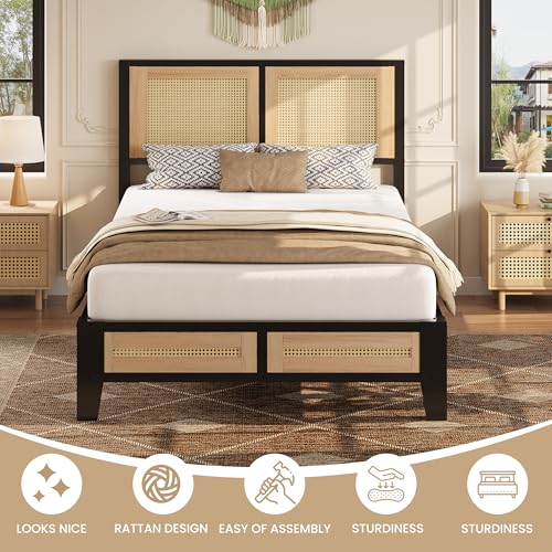 Twin Rattan Bed Frame with Headboard - Boho Metal Platform Bed, No Box Spring Needed