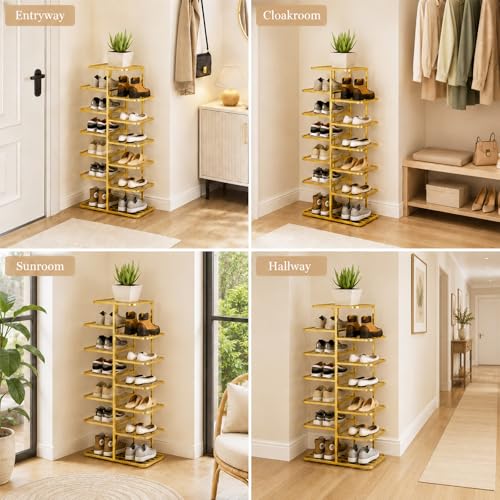 Gold Shoe Rack Tower - Narrow 7-Tier Metal Organizer for Small Spaces