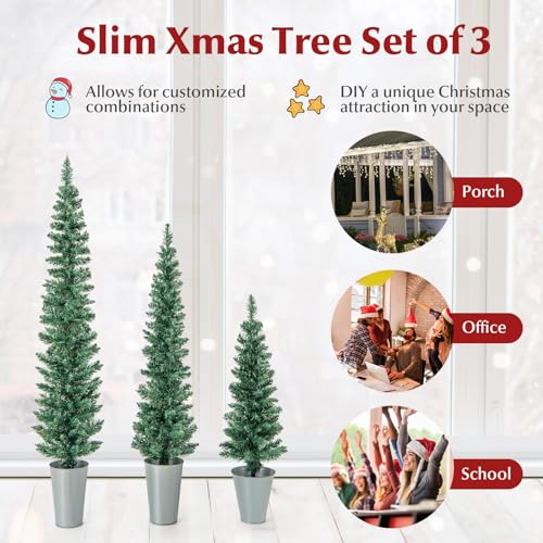 Set of 3 Slim Potted Artificial Christmas Trees with Iron Buckets, Outdoor Yard Decor