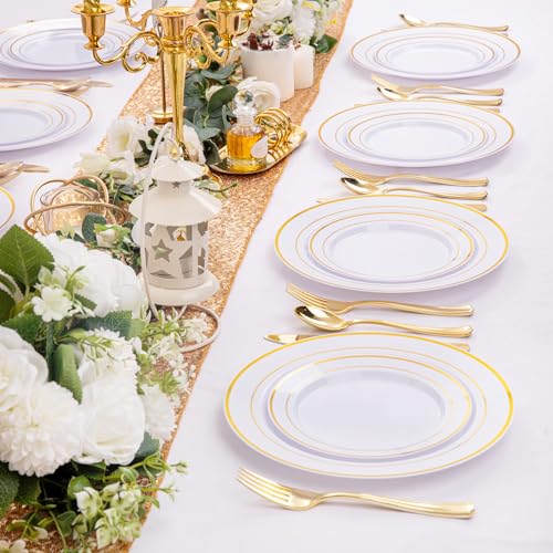 Gold Disposable Plastic Plates 200 Pcs Set for Parties & Events - Reusable & Elegant