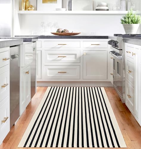 Black and Beige Striped Outdoor Rug - 4x6 Washable Porch Mat - Light Beige/Black Stripe