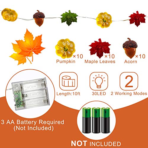 TURNMEON Thanksgiving Decorations 30LED/10Ft 3D Pumpkin Lights Thanksgiving Decor for Home, 3 in 1 Battery Powered Fall Lights Pumpkin Decor, Fall Garland Autumn Indoor Outdoor Halloween Christmas