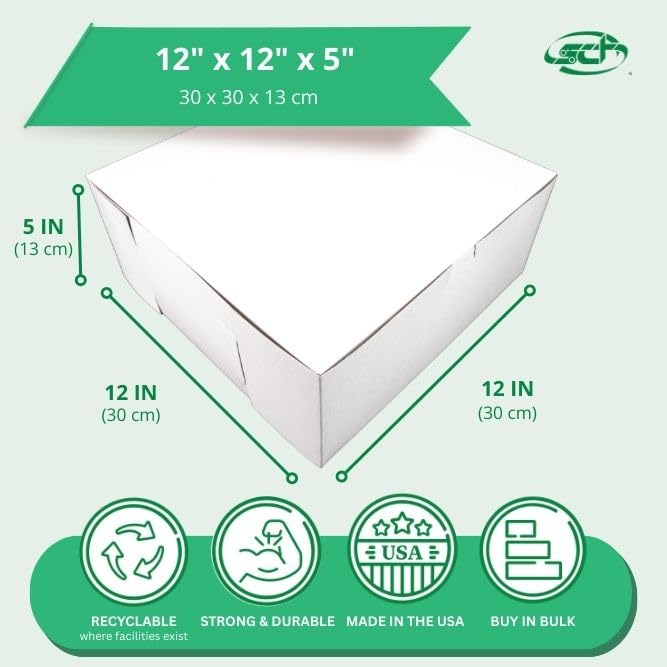 SCT White One-Piece Non-Window Bakery Boxes 12x12x5 Paperboard - 100 Pack