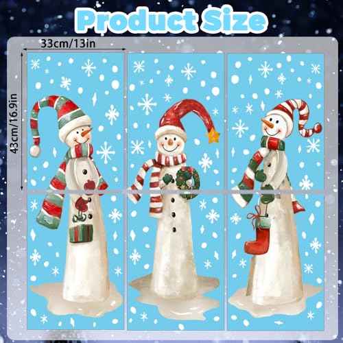 3 Sheets Christmas Extra Large Snowman Window Clings, Winter Snowflakes Xmas Window Stickers Decals for Indoor Outdoor Home Holiday Party Store Glass Decorations