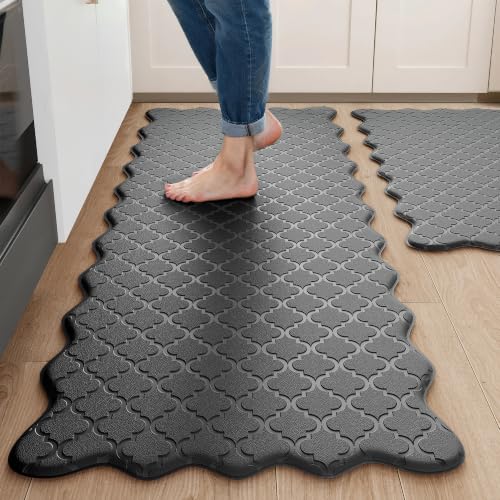 Arenarug 17.3x30 + 17.3x59 Inch Black Scalloped Kitchen Mat Set - Waterproof & Anti-Fatigue
