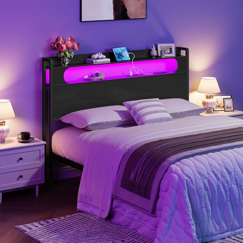 Queen Size Headboard with Storage, Charging Station & LED Light - Black