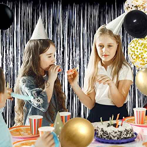 BEISHIDA 4 Pcs Black Door Streamers Tinsel Curtain Party Streamers Backdrop Fringe Foil Wall Background for Birthday Halloween Christmas Wedding Party Decoration(3.28 ft x 6.56 ft)