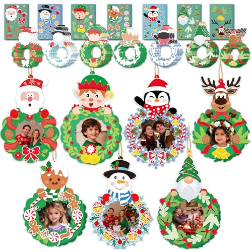 VABAMNA 28 Pack Christmas Picture Frame Craft Kit for Kids, Christmas Wreath Kit DIY Photo Frame Paper Crafts Gingerbread Snowman Hanging Ornaments for Xmas Tree Winter Art Home Classroom Activities