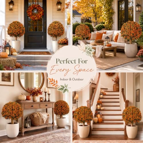Artificial Fall Topiary Ball Set - 25.6 Inch UV-Resistant Faux Bushes for Porch & Garden