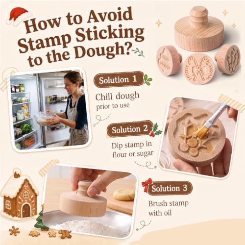 Christmas Cookie Stamp Set - 3 Deep Imprint Wooden Molds for Baking, Holiday Design