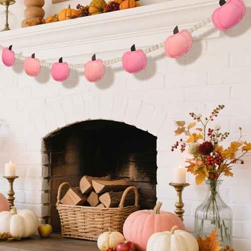 Fall Felt 3D Pumpkin Garland Pink Pumpkin Garland and Wood Bead for Fall Decor Autumn Decorations for Home Fall Pumpkin Banner for Mantle Home Wall Decor