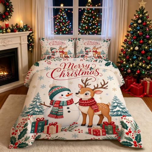 Christmas Reindeer Snowman Xmas Tree Queen Bedding Set FUYEUN 14