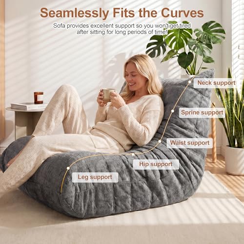 Grey Faux Fur Bean Bag Sofa Chair with Memory Foam - Floor Lounger for Living Room & Bedroom