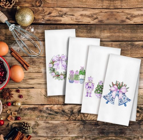 Purple Chinoiserie Christmas Kitchen Towels Set of 4 (16x24) – Grandmillennial Blue White Xmas Tree Wreath Nutcracker Bell, Variation: Purple Chinoiserie / Casual