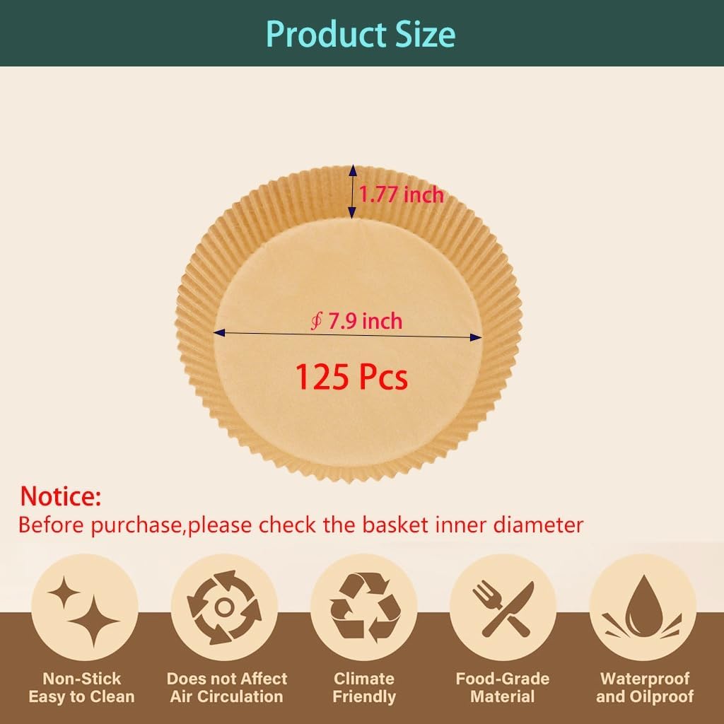Skiennix Parchment Paper | 125PCS Non-Stick Air Fryer Liners - 7.9 Inch Round for 5-8QT Cooking