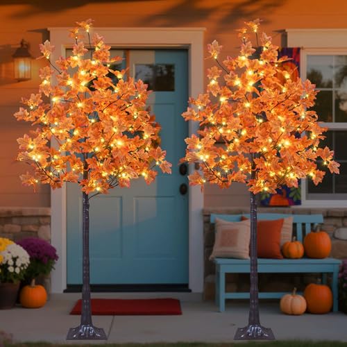 2-Pack 6ft Lighted Maple Tree with 240 Warm White LED Indoor Outdoor Fall Decorations