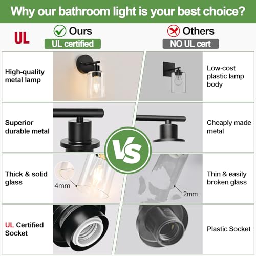 Matte Black Wall Sconces Set of 2 with Clear Glass Shades - Reversible Mounting Bathroom Vanity Lights