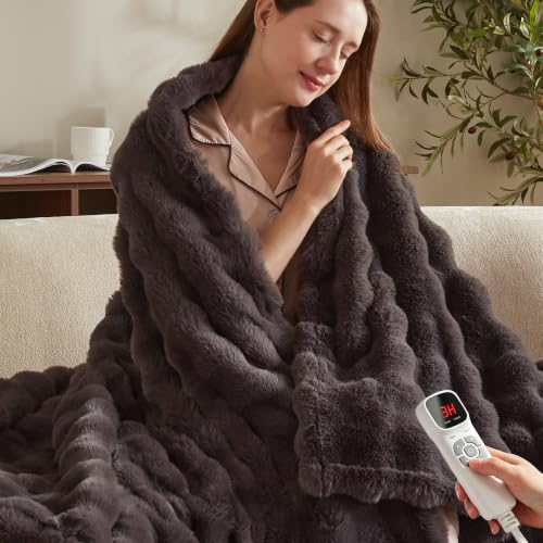 Electric Heated Blanket 50x60 Throw - Dark Grey Bubble Flannel Cozy Warmth