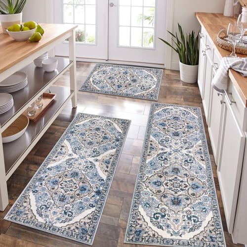 HEBE Boho Kitchen Rugs Set of 3 - Non Slip Washable Floor Mats, Blue, 20x32/48/59 inches