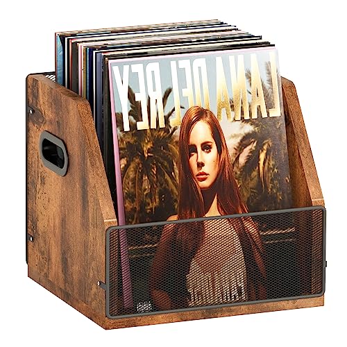 Homeiju Rustic Brown & Black Vinyl Record Storage Crate Holds 60 Records