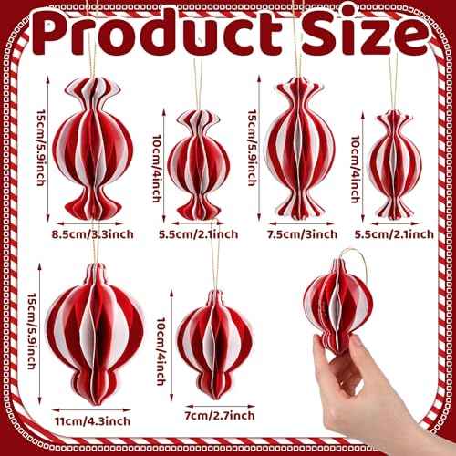 6 Pcs Christmas Ornaments Candy Paper Honeycomb Ornaments 3D Red White Hanging Decor Craft Balls for Christmas Tree Holiday Party Home Decoration